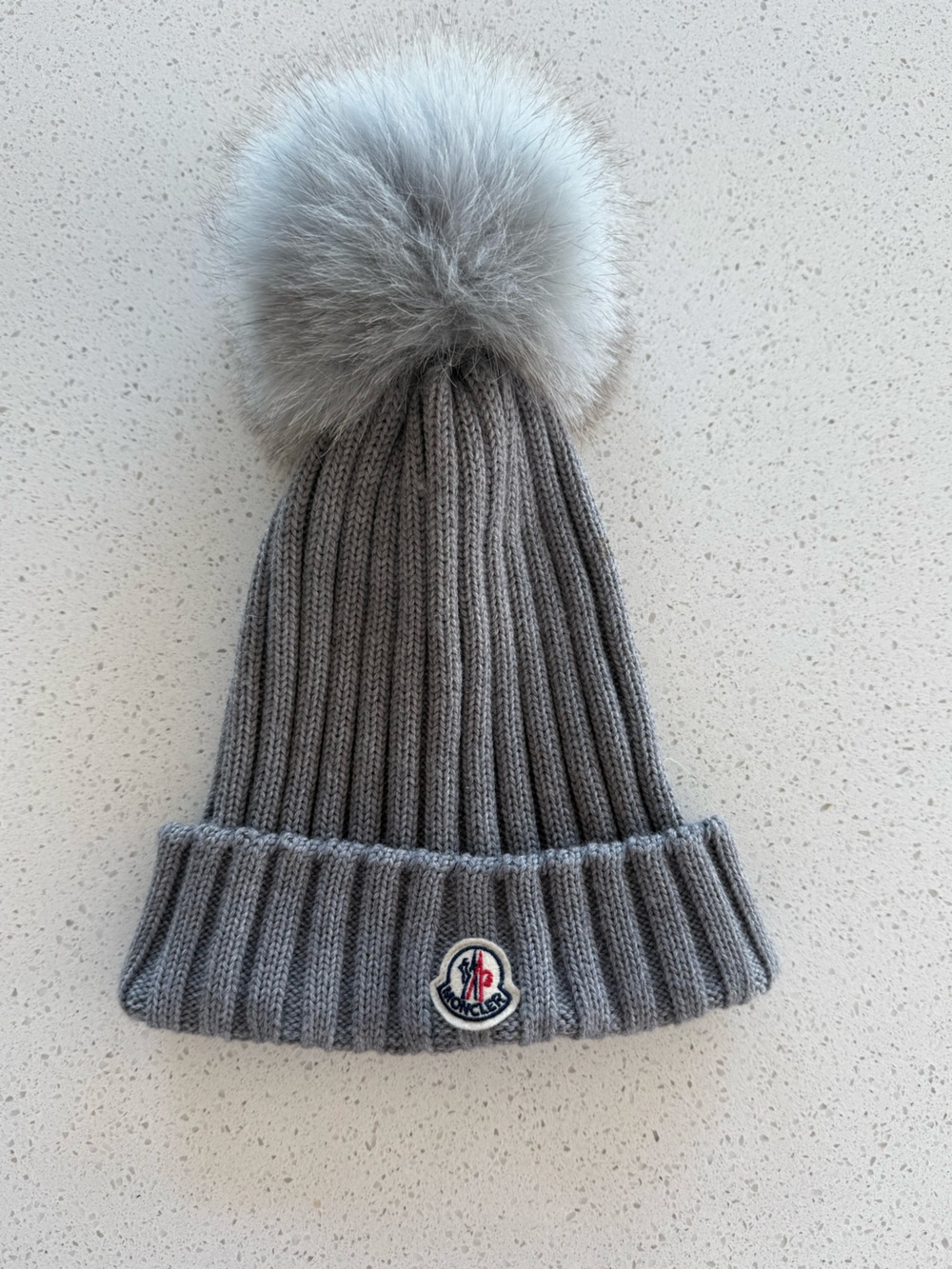 Moncler Grey Ribbed Knit Real Fur Pom Pom Beanie